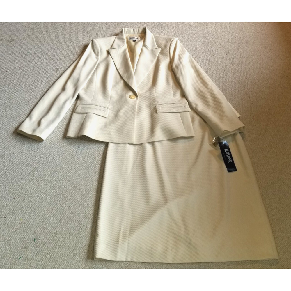 NWT $280 Womens Skirt Suit-KASPER-'Sand' ivory ribbed 'Solstice' lined midi-14